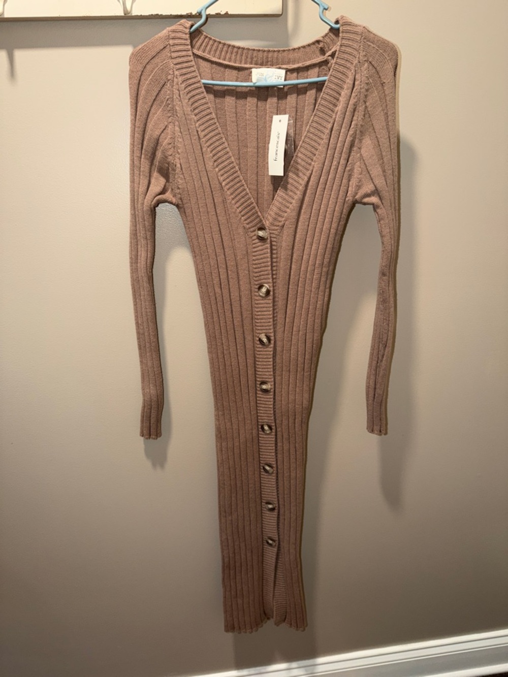 Francesca’s Ribbed Button Front Midi Dress Taupe Long Sleeve Size M NWT